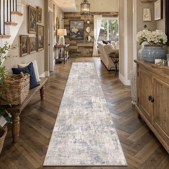 BERTHMEER 2'x12' Washable Runner Rugs for Hallway Kitchen Entryway Bathroom Non-slip, Blue Brown