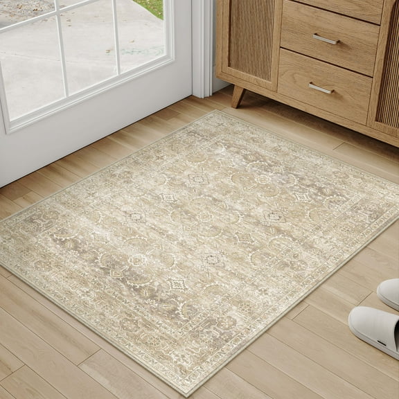 BERTHMEER 2'x3' Area Rugs for Bathroom Entryway Bedroom Kitchen Dorm Entrance Non Slip Washable Small Beige Vintage Traditional Oriental Accent Distressed Carpets