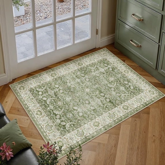 BERTHMEER 2'x3' Area Rugs for Bathroom Entryway Bedroom Kitchen Dorm Entrance Non Slip Washable Small Green Vintage Traditional Oriental Accent Distressed Carpets