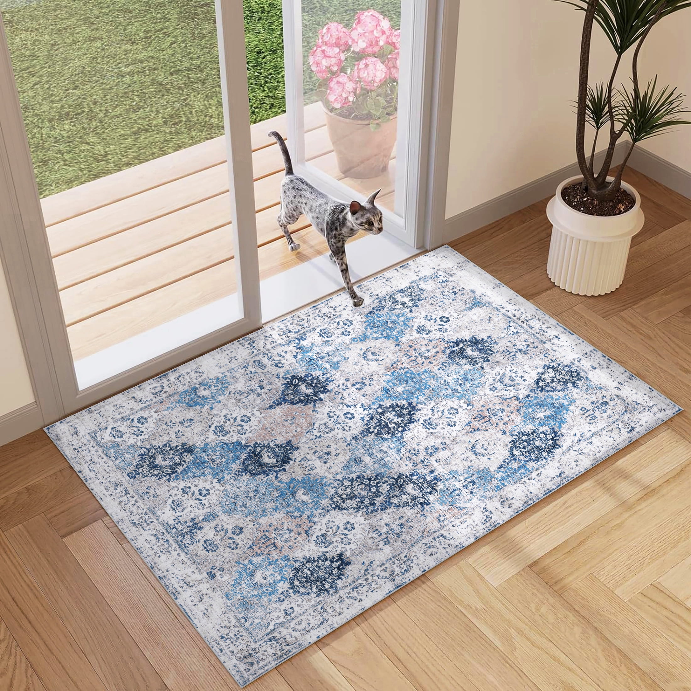BERTHMEER 2'x3' Blue Vintage Area Rugs, NonSlip, Distressed Pattern