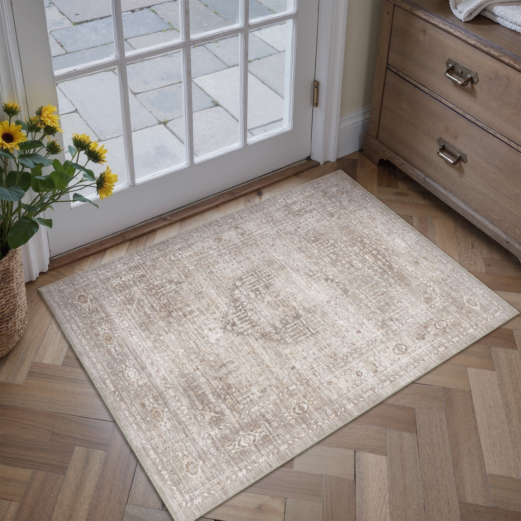 berthmeer 2'x3' small area rugs for bedroom entryway office doormat indoor,vintage traditional distressed rugs washable non-slip,beige carpets