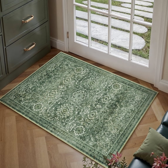 BERTHMEER 2'x3' Small Area Rugs for Entryway Bedroom Bathroom Entrance Doormat Indoor,Vintage Traditional Distressed Rugs Washable Non-slip,Green Carpets