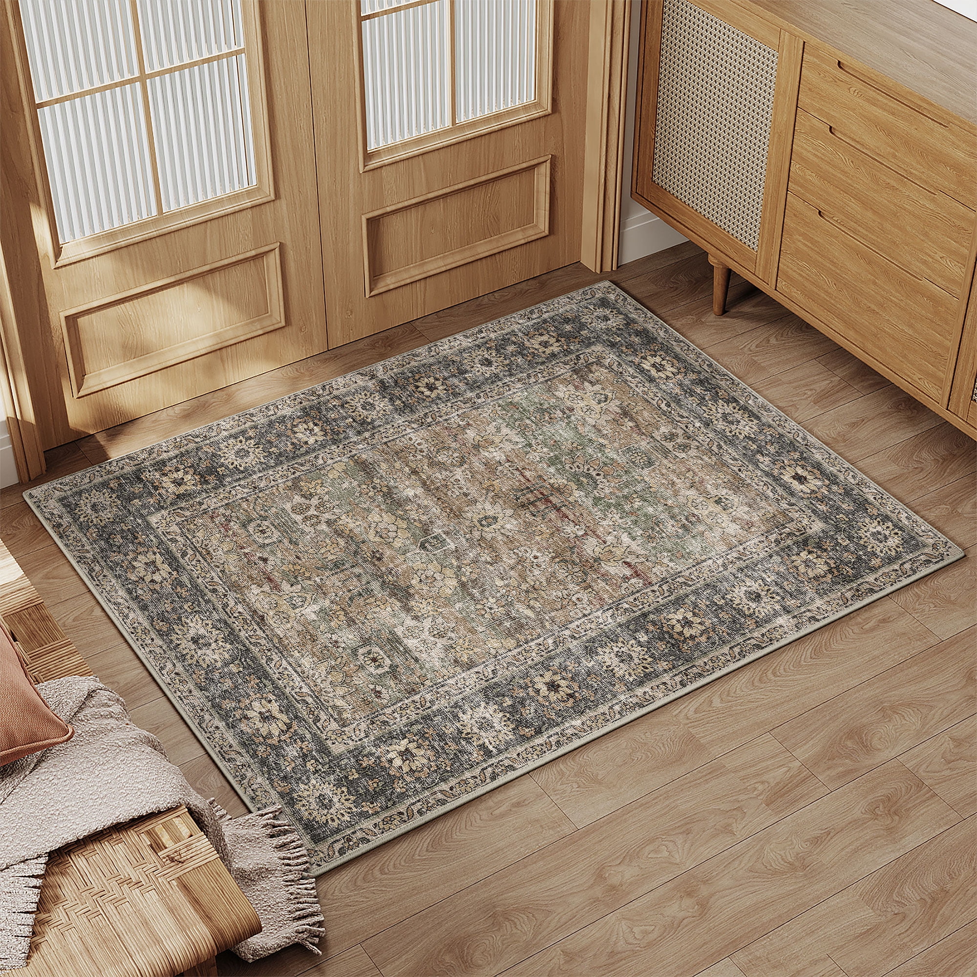 BERTHMEER 2'x3' Brown Small Area Rugs for Bathroom Bedroom Entryway Kitchen Dorm Entrance Vintage Non Slip Washable Oriental Traditional Distressed Rugs