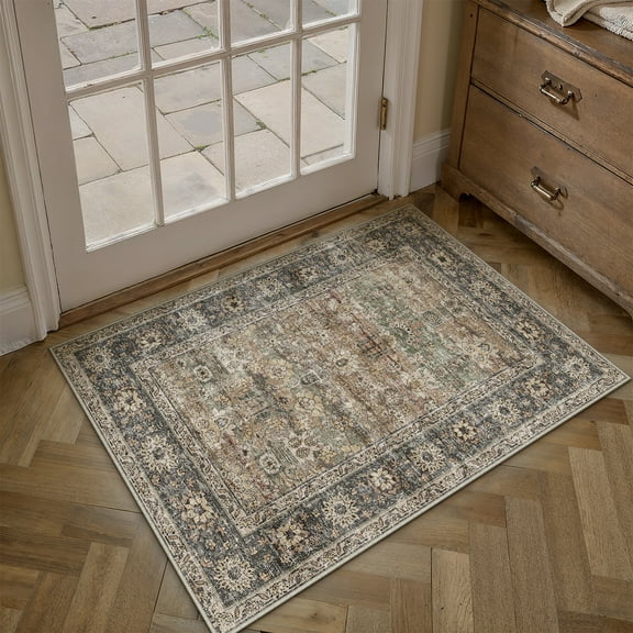 BERTHMEER 2'x3' Brown Small Area Rugs for Bathroom Bedroom Entryway Kitchen Dorm Entrance Vintage Non Slip Washable Oriental Traditional Distressed Rugs
