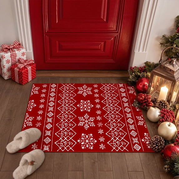 BERTHMEER 2'x3' Christmas Area Rugs Indoor Doormat Kitchen Bathroom Living Room Entryway Laundry Room Boho Washable Rugs Non-slip Holiday Decor Small Throw Rugs Red
