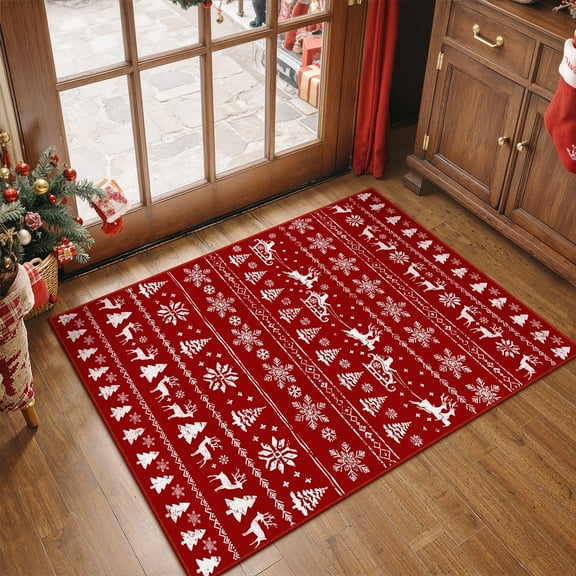 BERTHMEER 2'x3' Christmas Small Area Rugs Indoor Doormat Kitchen Bathroom Living Room Entryway Laundry Room Washable Rugs Non-slip Holiday Throw Rugs,Red White