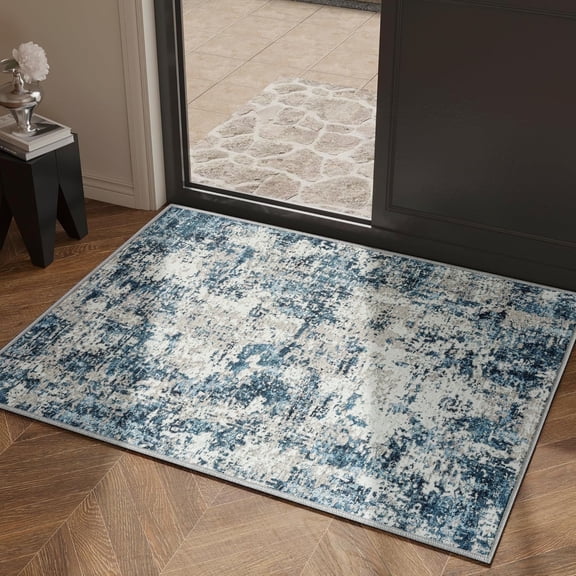BERTHMEER 2'x3' Small Abstract Area Rug for Entryway Kitchen Entrance Bedroom indoor Non-Slip Machine Washable 3D Textured Hard Rugs, Blue Multi