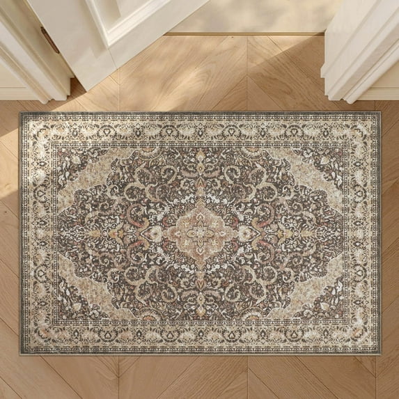 BERTHMEER 2'x3' Small Area Rug for Entryway Kitchen Living Room Bedroom Rug,Non-Slip Machine Washable Rug Indoor Rugs,Medallion Vine Vintage Rug,Brown and Beige