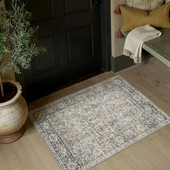 BERTHMEER 2'x3' Small Area Rugs for Bathroom Bedroom Entryway Kitchen Dorm Entrance Vintage Non Slip Washable Oriental Traditional Floral Rugs,Gray Taupe