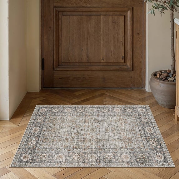 BERTHMEER 2'x3' Small Area Rugs for Bathroom Bedroom Entryway Kitchen Dorm Entrance Vintage Non Slip Washable Oriental Traditional Floral Rugs,Gray Taupe