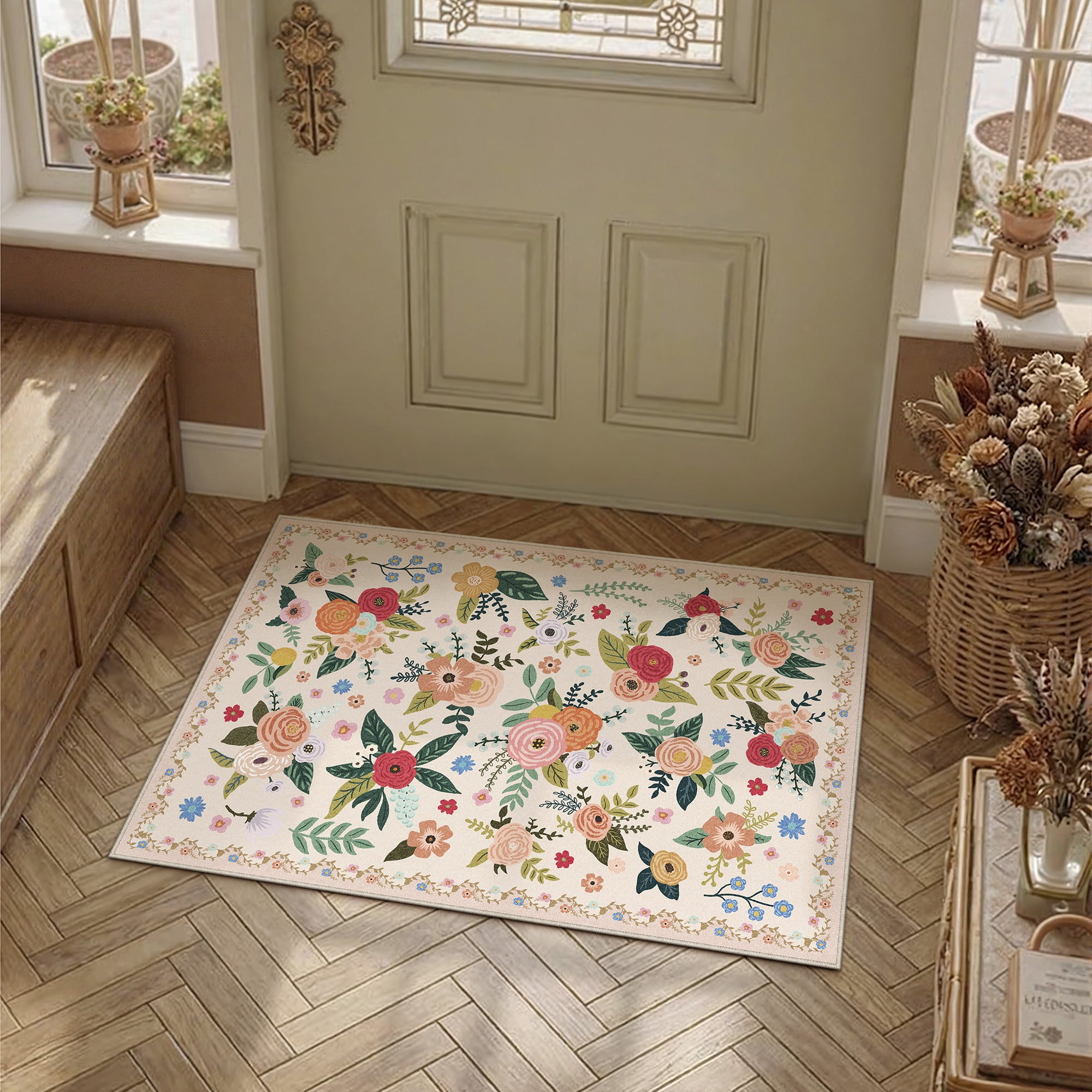 berthmeer 2'x3' small area rugs for bathroom bedroom entryway kitchen entrance dorm non slip washable beige floral vintage traditional oriental accent flower rugs, multicolor