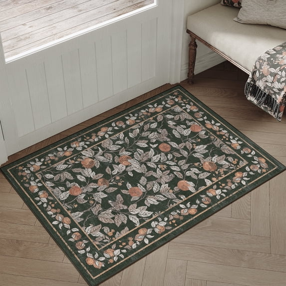 BERTHMEER 2'x3' Small Area Rugs for Bathroom Bedroom Entryway Kitchen Entrance Dorm Non Slip Washable Blackish Green Floral Vintage Traditional Oriental Flower Carpets