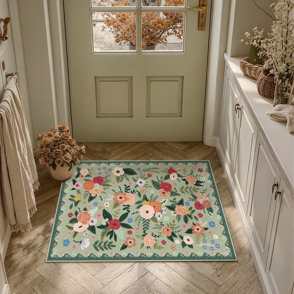 BERTHMEER 2'x3' Small Area Rugs for Bathroom Bedroom Entryway Kitchen Entrance Dorm Non Slip Washable Green Floral Vintage Traditional Oriental Accent Flower Rugs, Multicolor