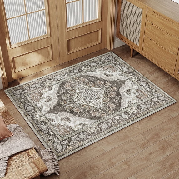 BERTHMEER 2'x3' Small Area Rugs for Bathroom Kitchen Bedroom Entryway Rugs Non Slip Washable Vintage Brown Dorm Entrance Gray Oriental Traditional Distressed Rugs