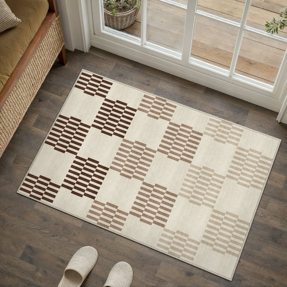 BERTHMEER 2'x3' Small Area Rugs for Doorway Bedroom Entryway Kitchen Dorm Entrance Geometric Contemporary Checkered Non Slip Washable Rugs,Gradient Brown