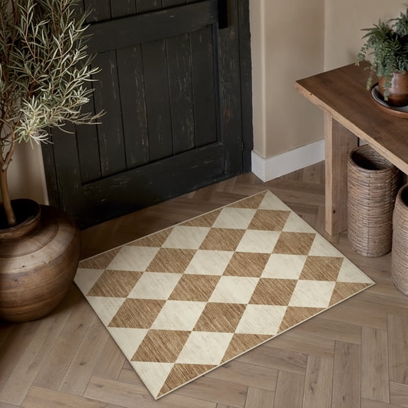 BERTHMEER 2'x3' Small Area Rugs for Doorway Bedroom Entryway Kitchen Dorm Entrance Geometric Contemporary Grid Diamonds Checkered Non Slip Washable Rugs, Brown