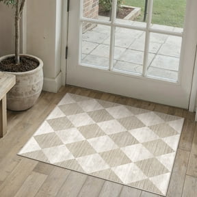 BERTHMEER 2'x3' Small Area Rugs for Doorway Bedroom Entryway Kitchen Dorm Entrance Geometric Contemporary Grid Diamonds Checkered Non Slip Washable Rugs,Beige