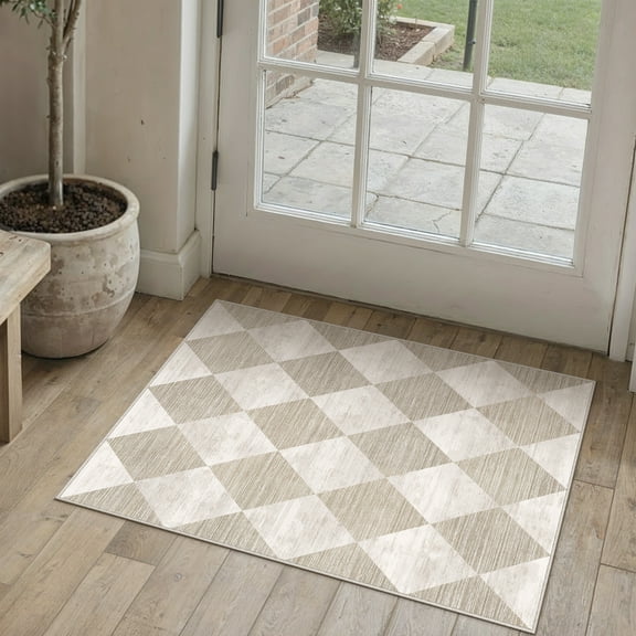 BERTHMEER 2'x3' Small Area Rugs for Doorway Bedroom Entryway Kitchen Dorm Entrance Geometric Contemporary Grid Diamonds Checkered Non Slip Washable Rugs,Beige