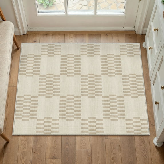 BERTHMEER 2'x3' Small Area Rugs for Doorway Bedroom Entryway Kitchen Dorm Entrance Geometric Modern Checkered Contemporary Non Slip Washable Rugs,Beige