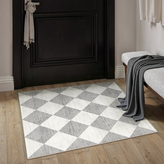 BERTHMEER 2'x3' Small Area Rugs for Doorway Bedroom Entryway Kitchen Dorm Entrance Geometric Modern Rhombus Checkered Contemporary Non Slip Washable Rugs,Gray
