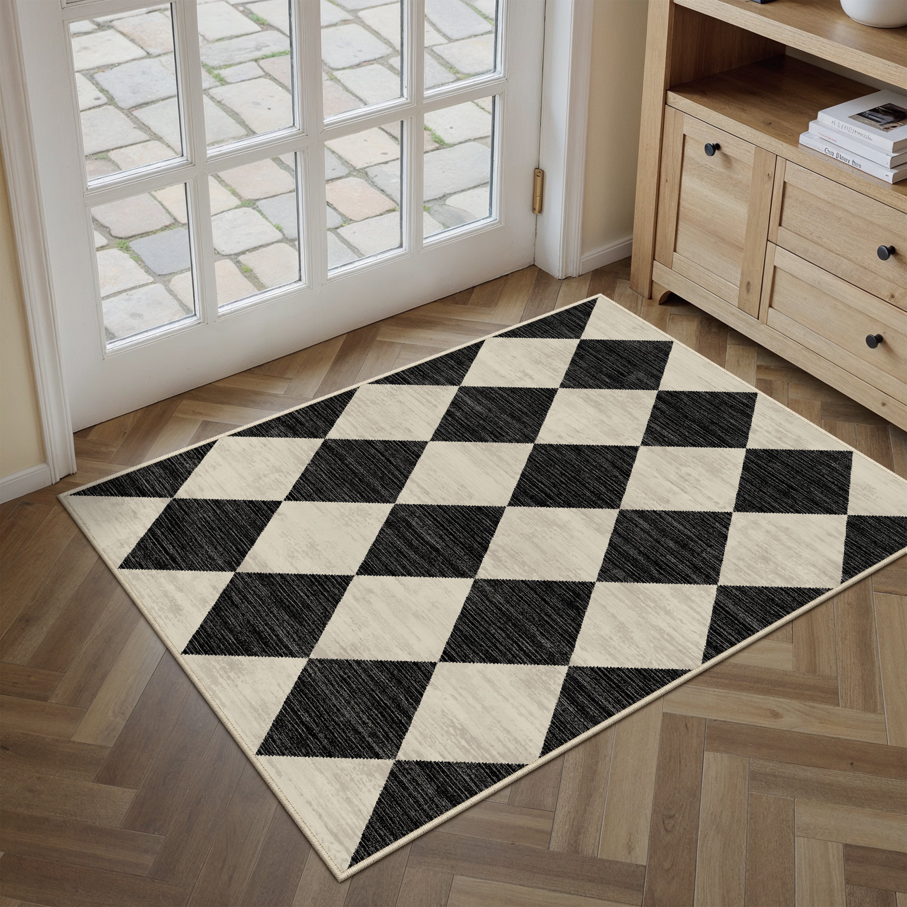 berthmeer 2'x3' small area rugs for doorway bedroom entryway kitchen dorm entrance geometric modern rhombus checkered contemporary non slip washable rugs, black & beige