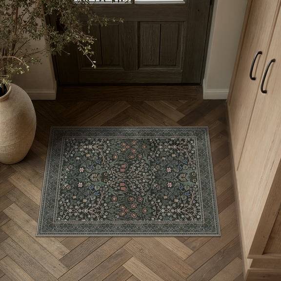 BERTHMEER 2'x3' Small Area Rugs for Doorway Bedroom Entryway Kitchen Dorm Entrance Vintage Floral Non Slip Washable Oriental Traditional Rugs,Deep Green