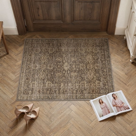 BERTHMEER 2'x3' Small Area Rugs for Doorway Bedroom Entryway Kitchen Dorm Entrance Vintage Non Slip Washable Oriental Traditional Floral Rugs, Brown