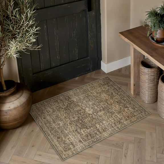 BERTHMEER 2'x3' Small Area Rugs for Doorway Bedroom Entryway Kitchen Dorm Entrance Vintage Non Slip Washable Oriental Traditional Floral Rugs,Golden Brown