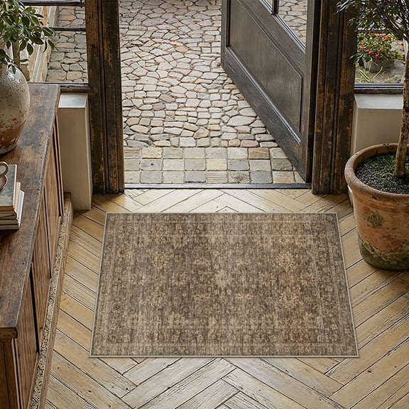 BERTHMEER 2'x3' Small Area Rugs for Doorway Bedroom Entryway Kitchen Dorm Entrance Vintage Non Slip Washable Oriental Traditional Floral Rugs,Golden Brown