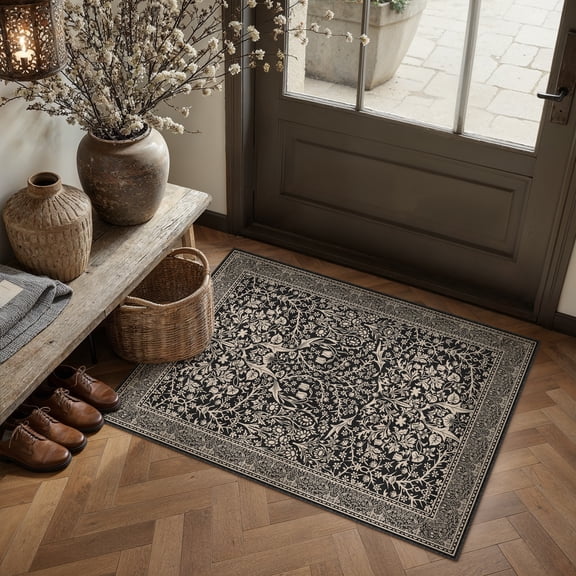 BERTHMEER 2'x3' Small Area Rugs for Doorway Kitchen Laundry Bedroom Entryway Dorm Entrance Office Non Slip Washable Indoor Carpets Oriental Vintage Traditional Rugs,Black Beige