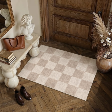 BERTHMEER 2'x3' Small Area Rugs for Doorway Kitchen Laundry Bedroom Entryway Dorm Entrance Office Washable Non Slip Indoor Rugs Geometric Checkered Modern Doormats, Brown