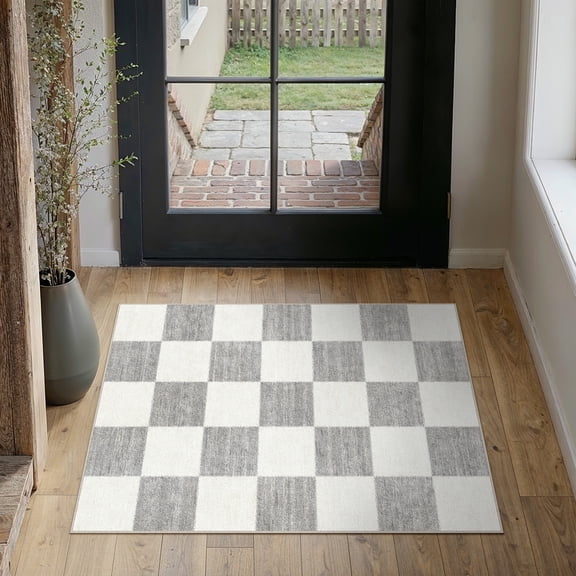 BERTHMEER 2'x3' Small Area Rugs for Doorway Kitchen Laundry Bedroom Entryway Dorm Entrance Office Washable Non Slip Indoor Rugs Geometric Checkered Modern Doormats,Gray