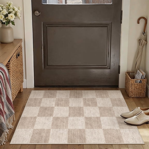 BERTHMEER 2'x3' Small Area Rugs for Doorway Kitchen Laundry Bedroom Entryway Dorm Entrance Office Washable Non Slip Indoor Rugs Geometric Checkered Modern Doormats, Brown
