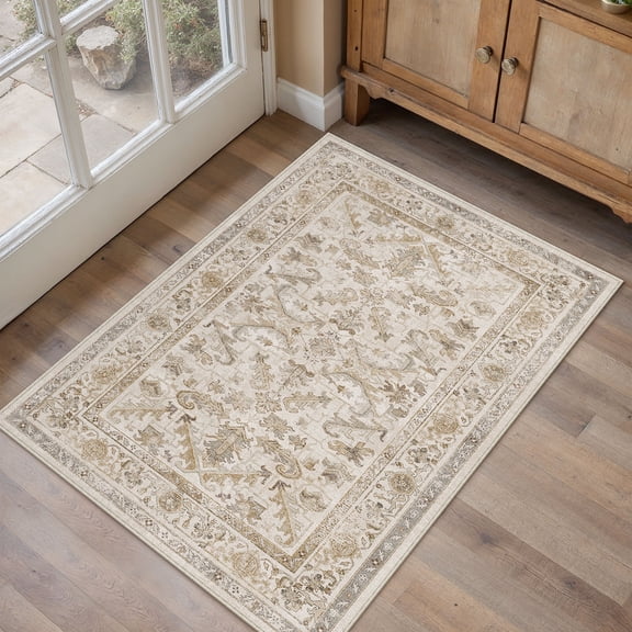 BERTHMEER 2'x3' Small Area Rugs for Entryway Bathroom Laundry Bedroom Entrance Kitchen Dorm Beige Non Slip Washable Vintage Traditional Oriental Carpets Distressed Rugs