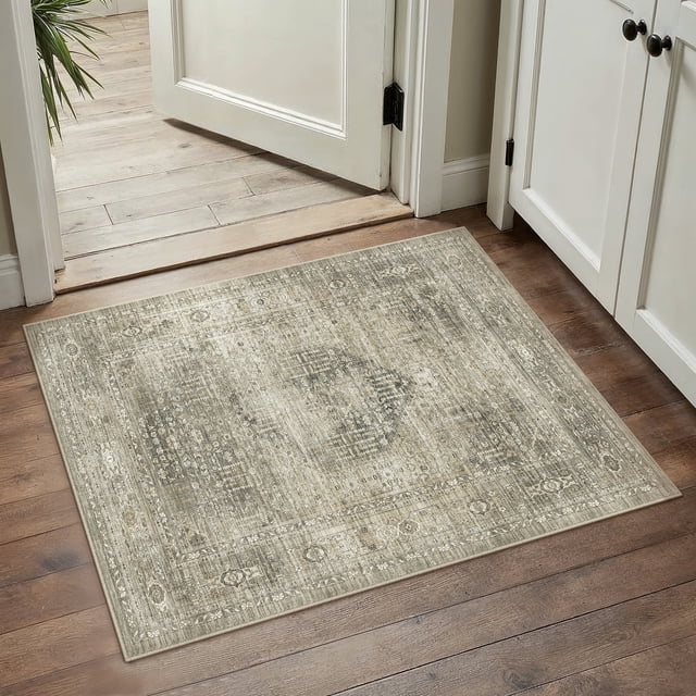 BERTHMEER 2'x3' Small Area Rugs for Entryway Bathroom Laundry Bedroom Entrance Kitchen Dorm Tawny Non Slip Washable Vintage Light Brown Traditional Oriental Carpets Distressed Rugs