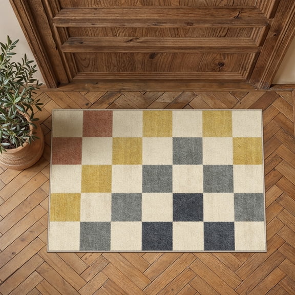BERTHMEER 2'x3' Small Area Rugs for Entryway Doormats Indoor Bathroom Geometric Modern Checkered Farmhouse Machine Washable Non-slip Traditional Distressed Throw Rugs, Multicolored