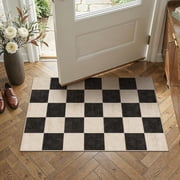 BERTHMEER 2'x3' Small Area Rugs for Entryway Doormats Indoor Bathroom Geometric Modern Checkered Farmhouse Machine Washable Non-slip Traditional Distressed Throw Rugs, Black Beige