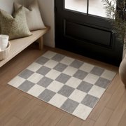 BERTHMEER 2'x3' Small Area Rugs for Entryway Doormats Indoor Bathroom Geometric Modern Checkered Farmhouse Machine Washable Non-slip Traditional Distressed Throw Rugs, Gray Beige