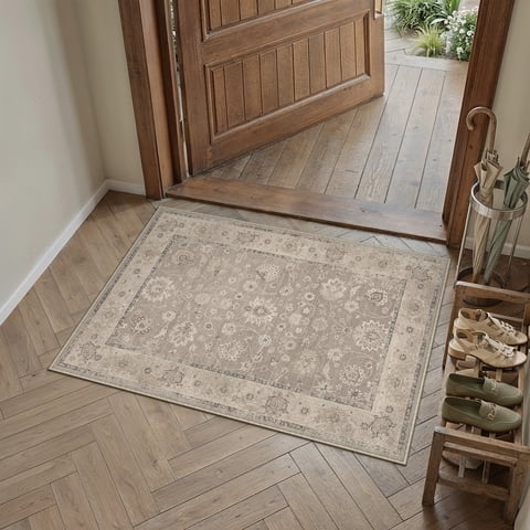BERTHMEER 2'x3' Small Area Rugs for Entryway Doormats Indoor Bathroom Oriental Floral Vintage Farmhouse Machine Washable Non-slip Traditional Distressed Throw Rugs, Gray Brown