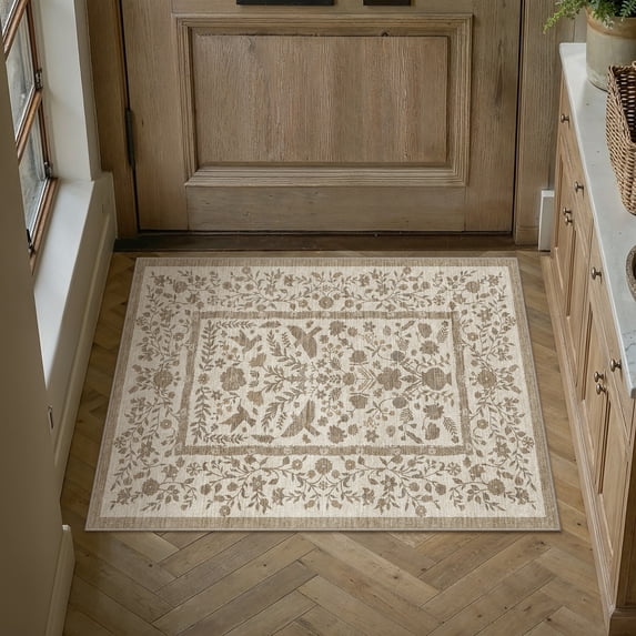 BERTHMEER 2'x3' Small Area Rugs for Entryway Doormats Indoor Bathroom Oriental Floral Vintage Farmhouse Machine Washable Non-slip Traditional Distressed Throw Rugs, Beige Brown