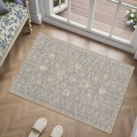 BERTHMEER 2'x3' Small Area Rugs for Entryway Doormats Indoor Bathroom Oriental Floral Vintage Farmhouse Machine Washable Non-slip Traditional Distressed Throw Rugs, Blue