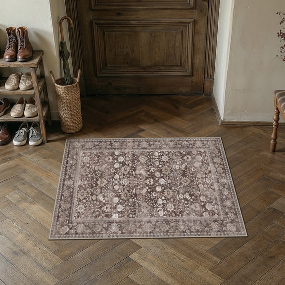 BERTHMEER 2'x3' Small Area Rugs for Entryway Doormats Indoor Bathroom Oriental Floral Vintage Farmhouse Machine Washable Non-slip Traditional Distressed Throw Rugs, Coffee Brown