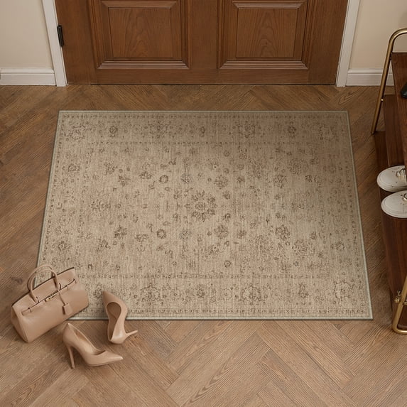 BERTHMEER 2'x3' Small Area Rugs for Entryway Doormats Indoor Bathroom Oriental Floral Vintage Farmhouse Machine Washable Non-slip Traditional Distressed Throw Rugs, Brown