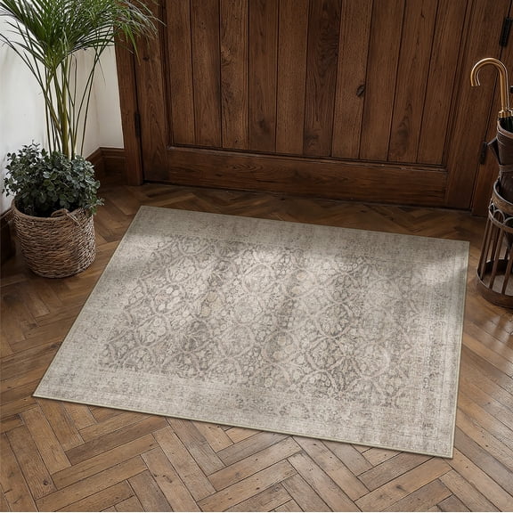 BERTHMEER 2'x3' Small Area Rugs for Entryway Doormats Indoor Bathroom Oriental Floral Vintage Farmhouse Machine Washable Non-slip Traditional Distressed Throw Rugs, Beige
