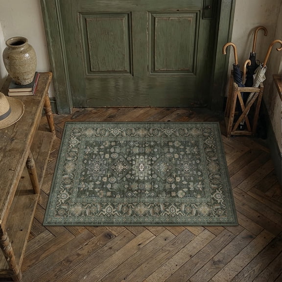BERTHMEER 2'x3' Small Area Rugs for Entryway Doormats Indoor Bathroom Oriental Floral Vintage Farmhouse Machine Washable Non-slip Traditional Distressed Throw Rugs, Green