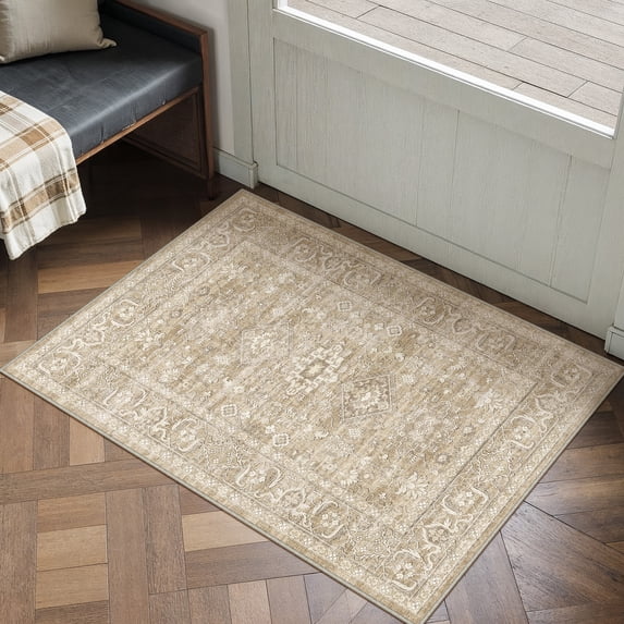 BERTHMEER 2'x3' Small Area Rugs for Entryway Doormats Indoor Bathroom Oriental Vintage Farmhouse Machine Washable Non-slip Traditional Distressed Throw Rugs, Beige