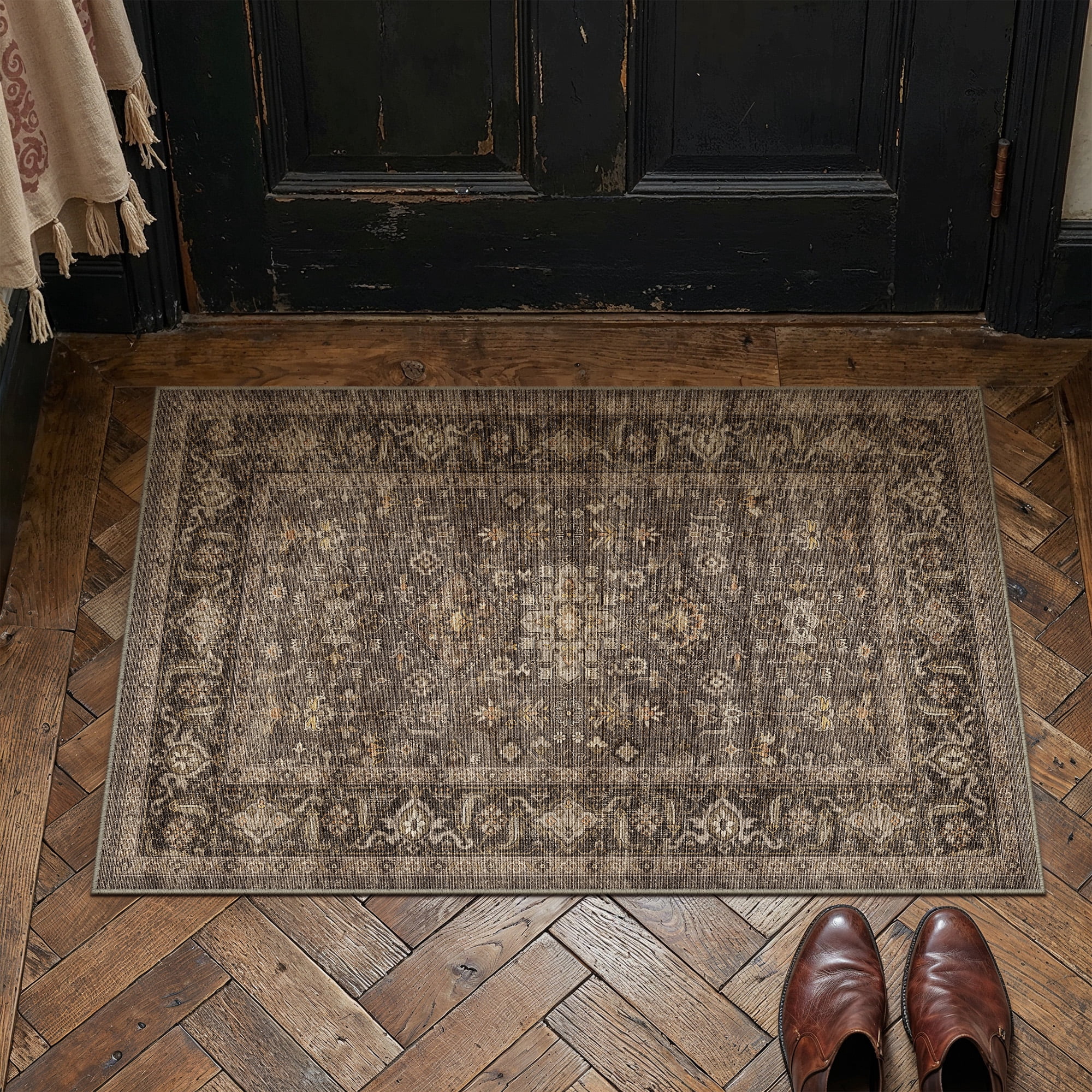BERTHMEER 2'x3' Small Area Rugs for Entryway Doormats Indoor Bathroom Oriental Vintage Farmhouse Machine Washable Non-slip Traditional Distressed Throw Rugs, Brown