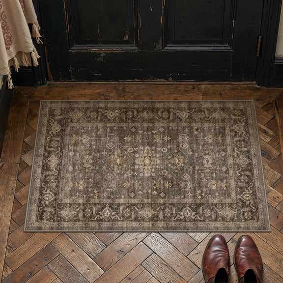 BERTHMEER 2'x3' Small Area Rugs for Entryway Doormats Indoor Bathroom Oriental Vintage Farmhouse Machine Washable Non-slip Traditional Distressed Throw Rugs, Brown
