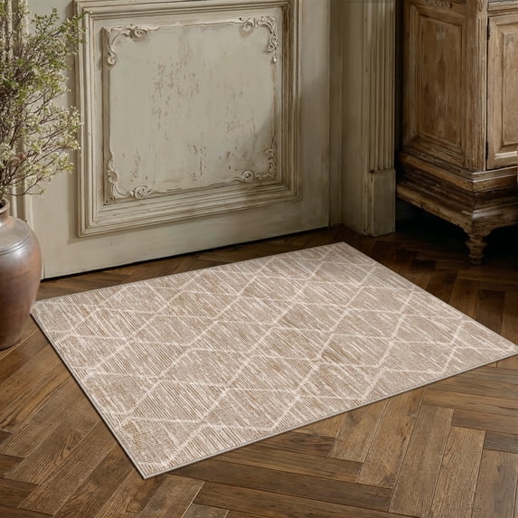 BERTHMEER 2'x3' Small Area Rugs for Entryway Laundry Bathroom Bedroom Entrance Geometric Checkered Rhombus Pattern Rugs Dorm Brown Non Slip Washable Modern Contemporary Carpets