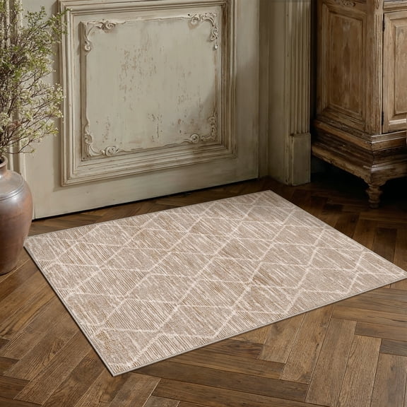 BERTHMEER 2'x3' Small Area Rugs for Entryway Laundry Bathroom Bedroom Entrance Geometric Checkered Rhombus Pattern Rugs Dorm Brown Non Slip Washable Modern Contemporary Carpets